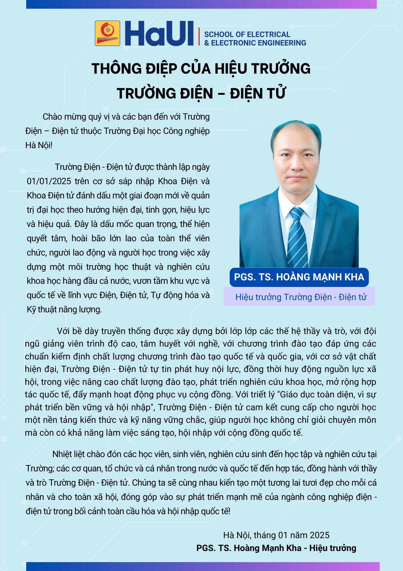 THÔNG ĐIỆP CỦA HIỆU TRƯỞNG TRƯỜNG ĐIỆN - ĐIỆN TỬ