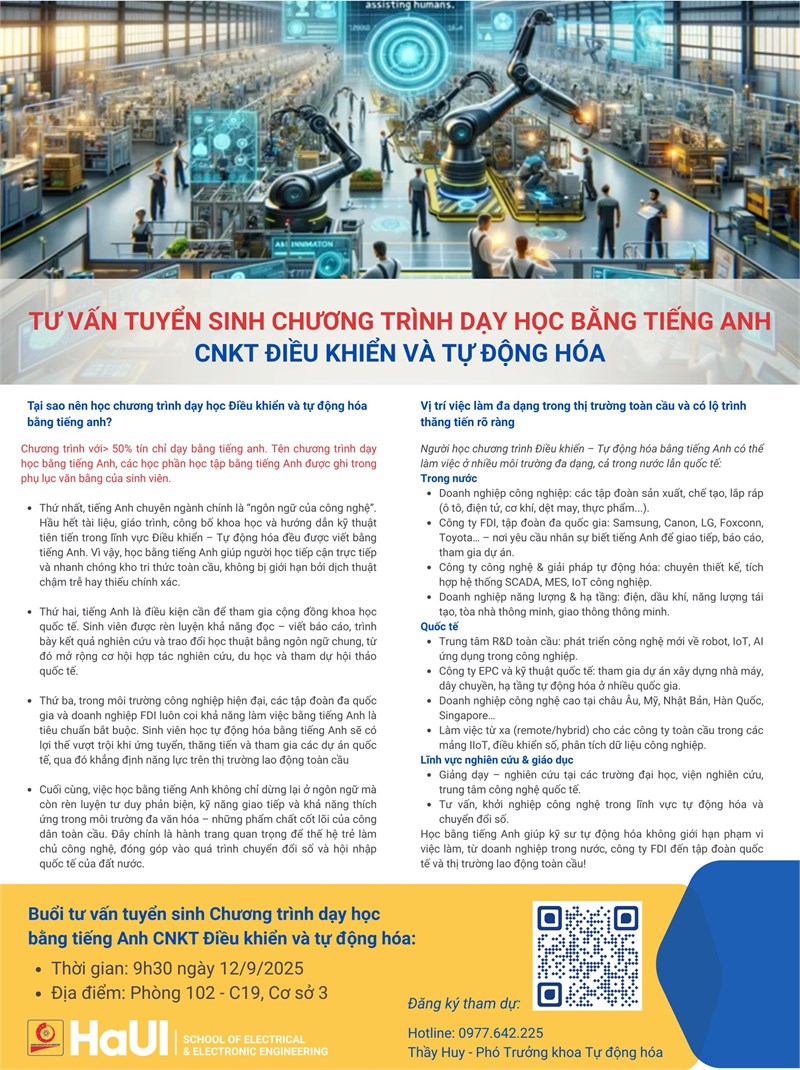 Thông báo: Tư vấn tuyển sinh Chương trình dạy học bằng tiếng Anh – CNKT Điều khiển và Tự động hóa năm 2025