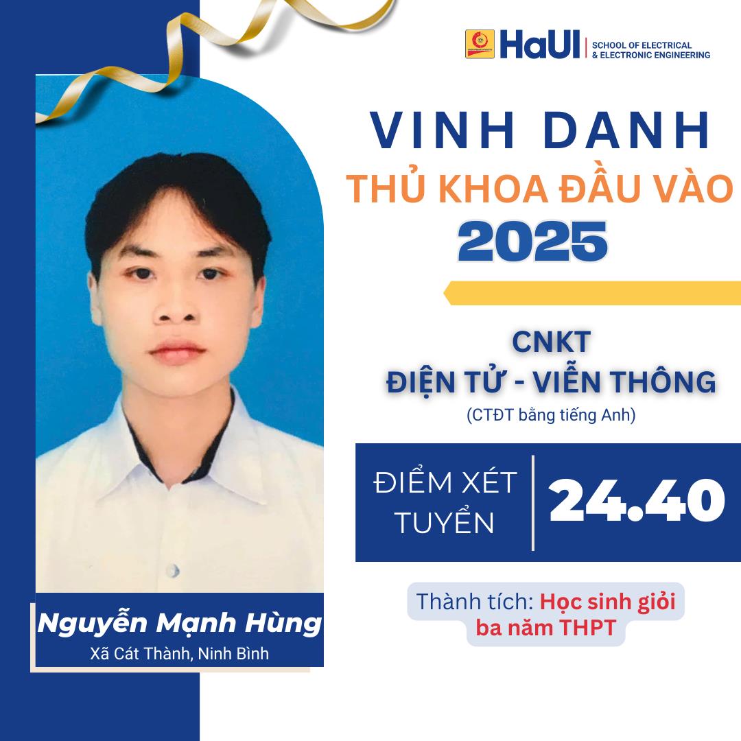 Thủ khoa đầu vào khóa 20 của Trường Điện – Điện tử đạt điểm xét tuyển 29,72