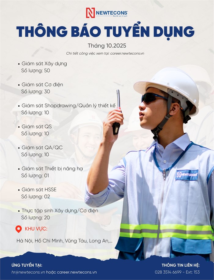 Newtecons tuyển dụng kỹ sư cơ điện – cơ hội làm việc tại công ty hàng đầu ngành xây dựng