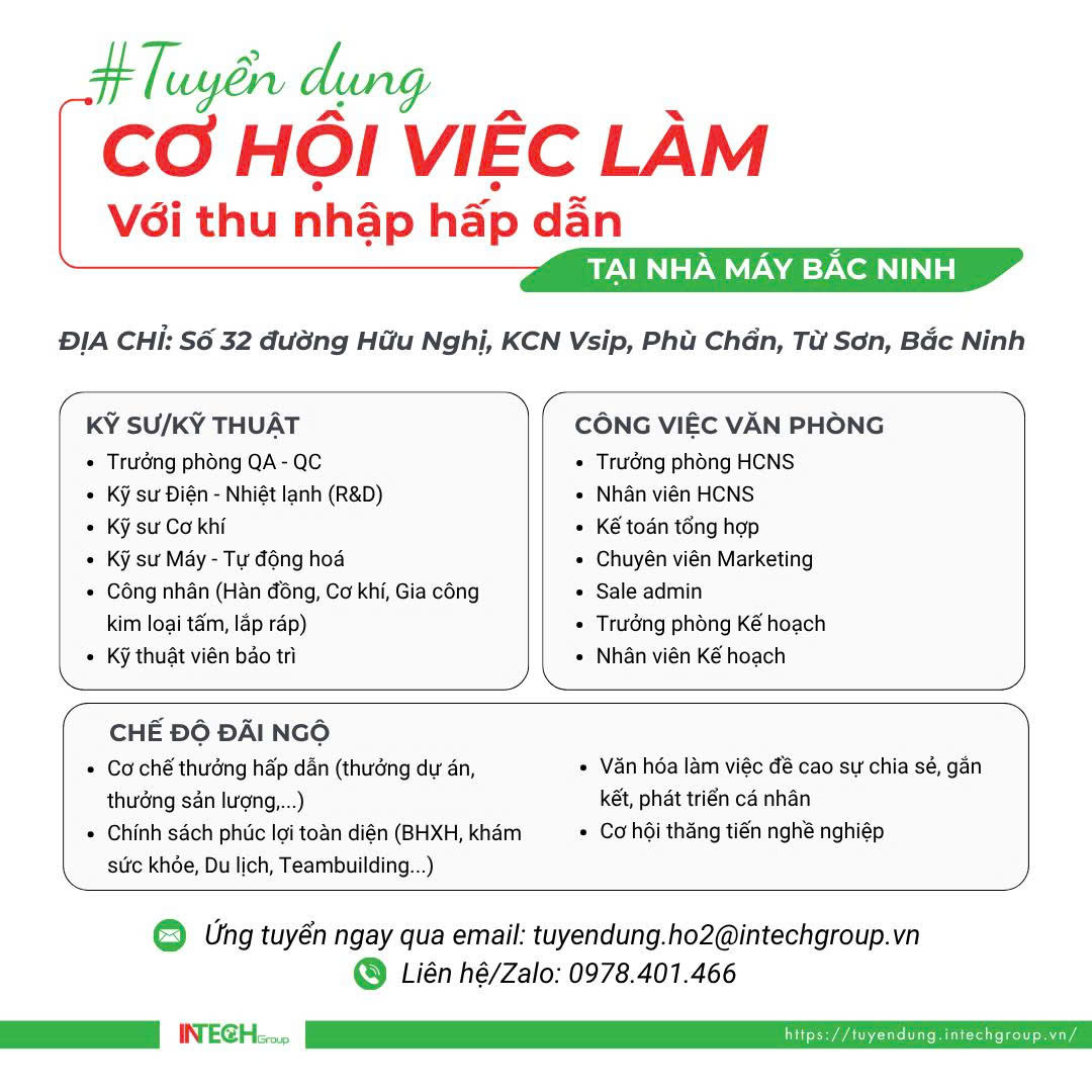 Thông báo: Tuyển dụng nhân sự lĩnh vực công nghiệp công nghệ cao của INTECH Group