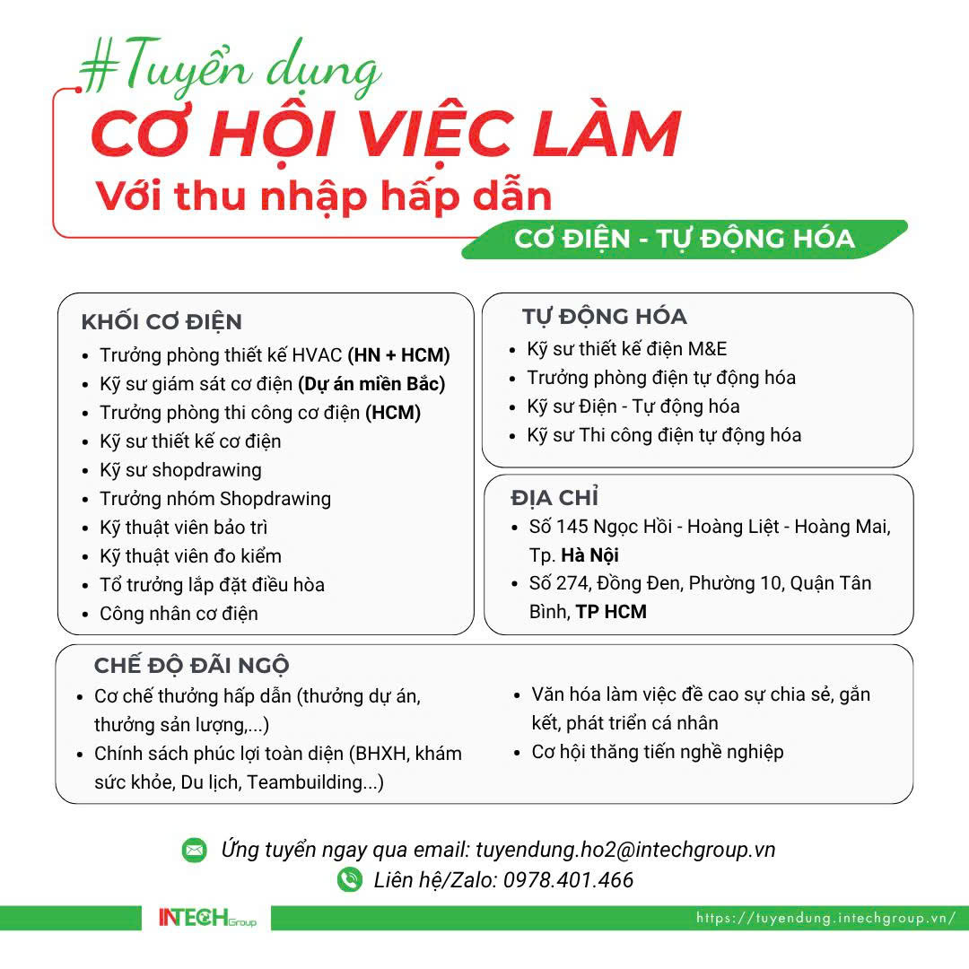 Thông báo: Tuyển dụng nhân sự lĩnh vực công nghiệp công nghệ cao của INTECH Group