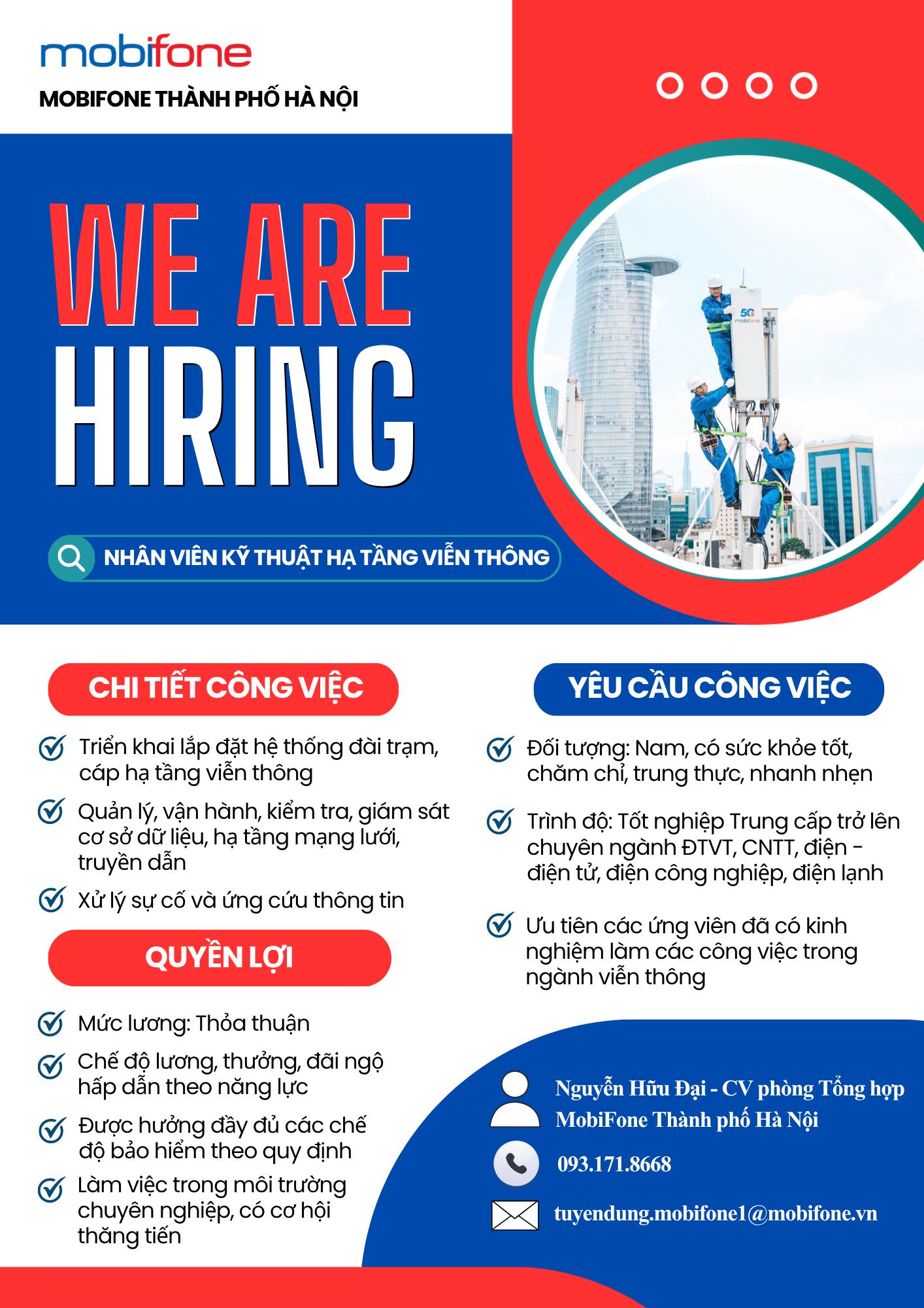 MobiFone Thành phố Hà Nội tuyển dụng Nhân viên Kỹ thuật hạ tầng viễn thông