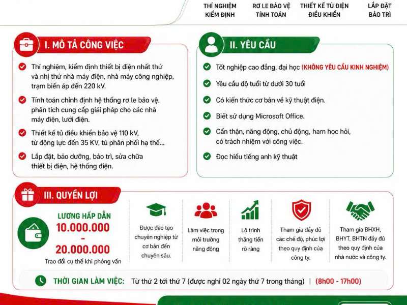 Công ty Cổ phần Dịch vụ Kỹ thuật Điện lực Việt Nam (EVNS) tuyển dụng kỹ sư điện