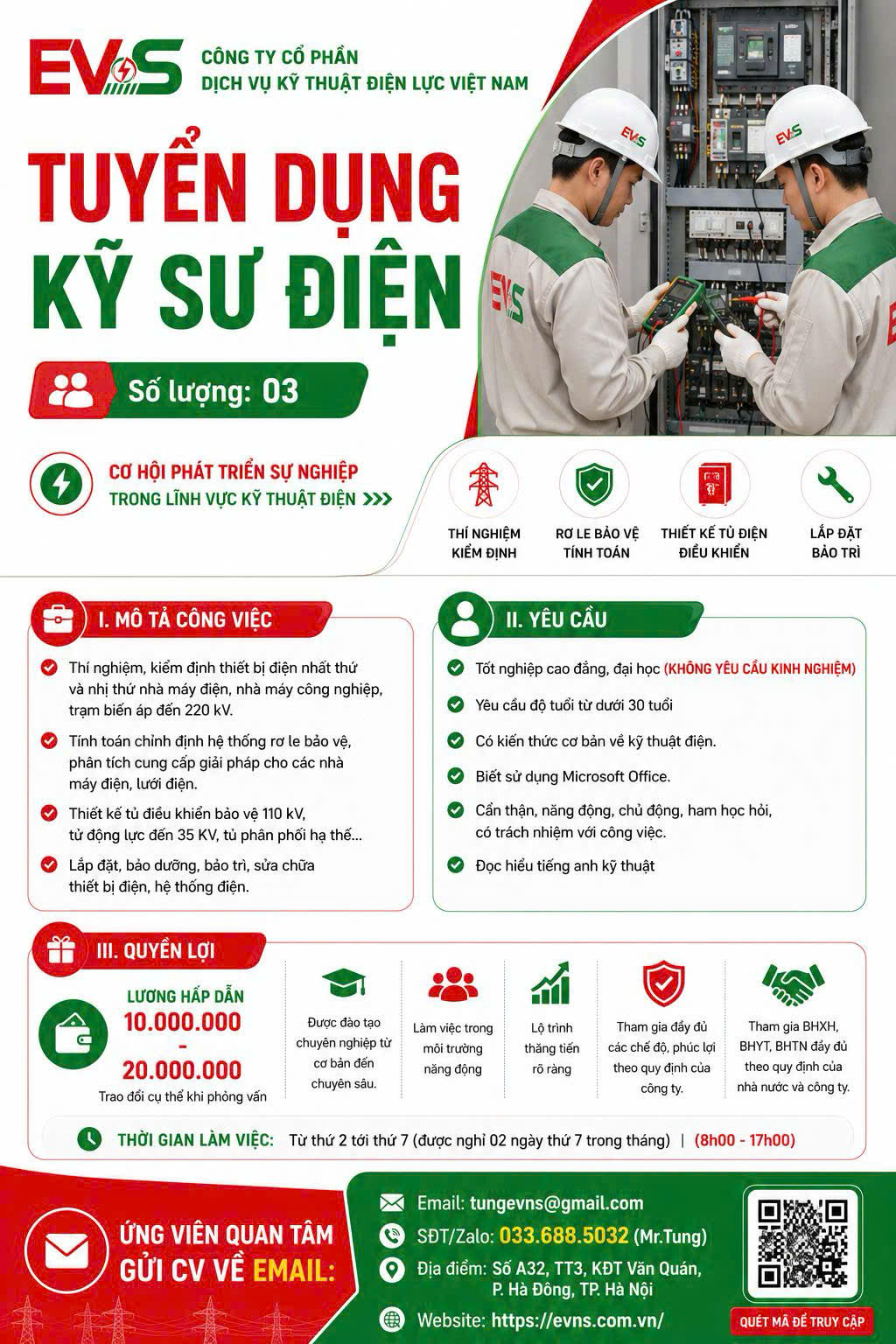 Công ty Cổ phần Dịch vụ Kỹ thuật Điện lực Việt Nam (EVNS) tuyển dụng kỹ sư điện