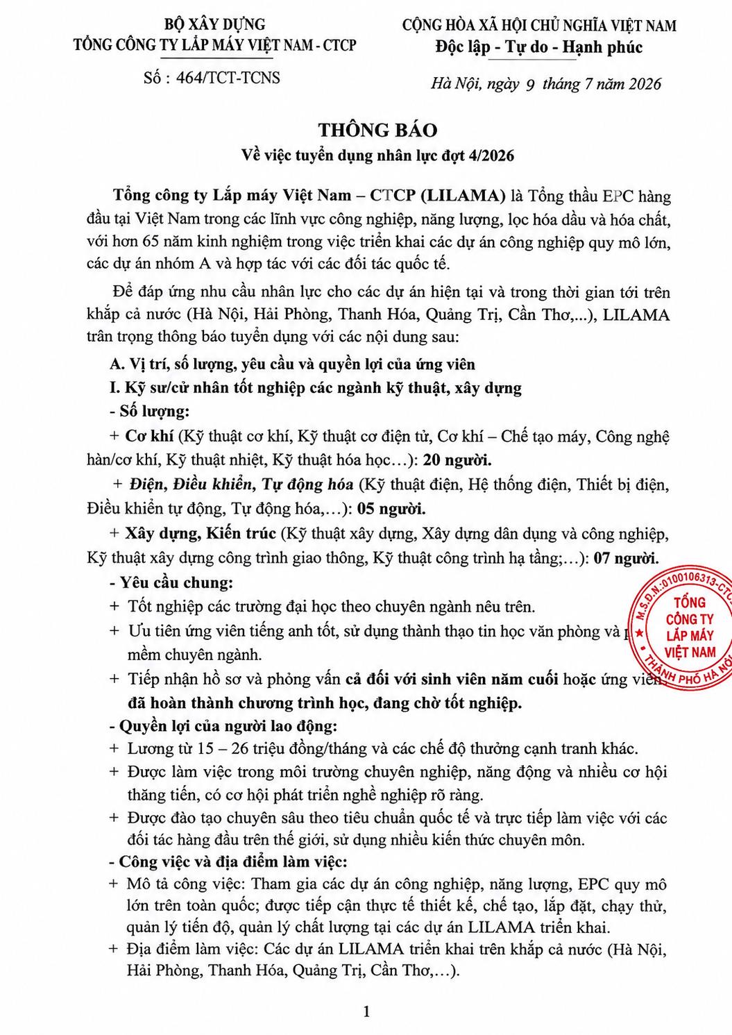Tổng Công ty Lắp máy Việt Nam - CTCP (LILAMA) thông báo tuyển dụng