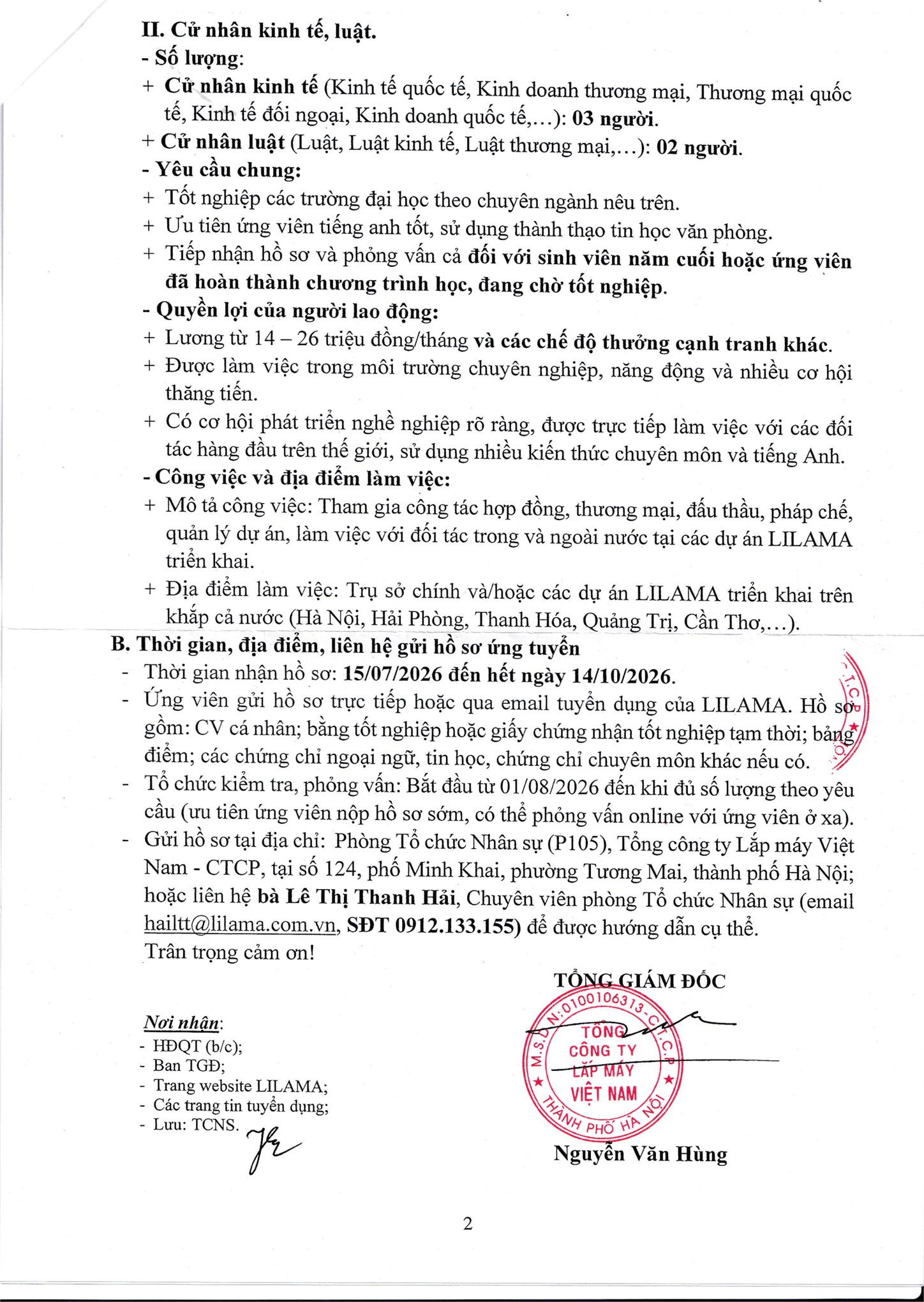 Tổng Công ty Lắp máy Việt Nam - CTCP (LILAMA) thông báo tuyển dụng