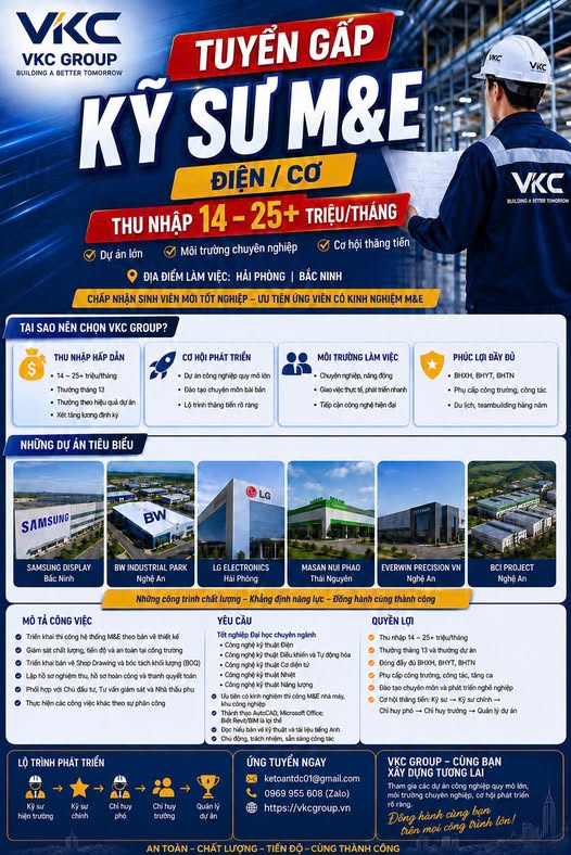 VKC Group tuyển dụng kỹ sư M&E (Điện/Cơ)