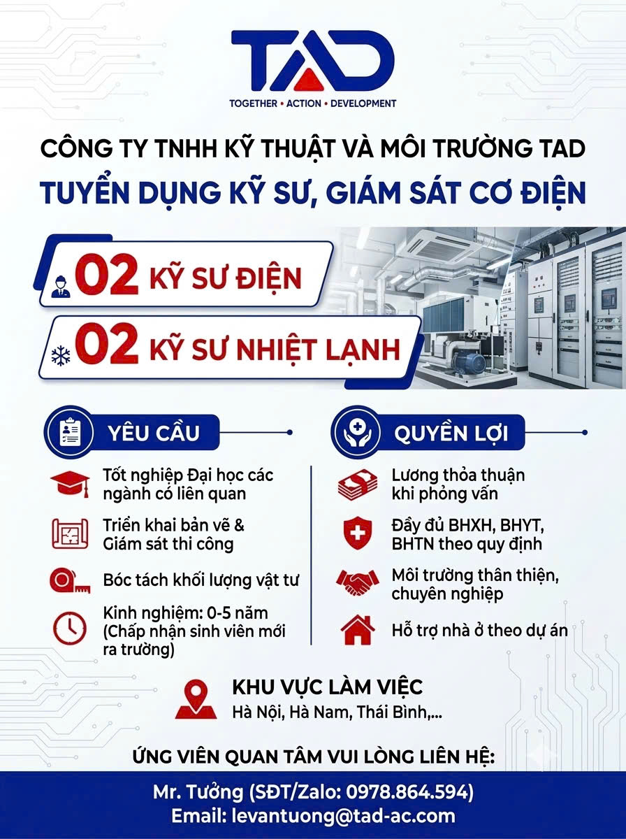 Công ty TNHH Kỹ thuật và môi trường TAD thông báo tuyển dụng kỹ sư, giám sát cơ điện